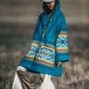 Beth Dutton Yellowstone outfit – blue Aztec hooded coat with toggle closure