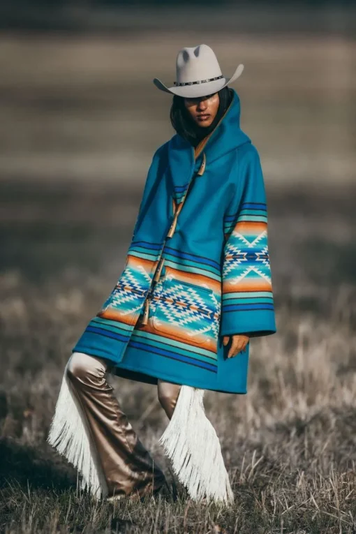 Beth Dutton Yellowstone outfit – blue Aztec hooded coat with toggle closure