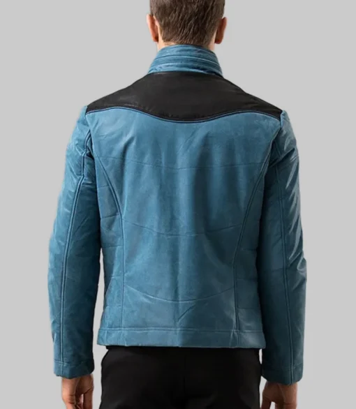Outer Shell: 100% Real Leather Leather Type: Lambskin Lining Material: Polyester Hooded: No Closure Style: Zipper Collar Style: Turn-down Collar Inside Pockets: Two Outside Pockets: Four Color: Blue and Black 100% polyester lining 100% genuine leather