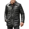 Boston Mens Black Real Leather Puffer Coat with Fur Collar