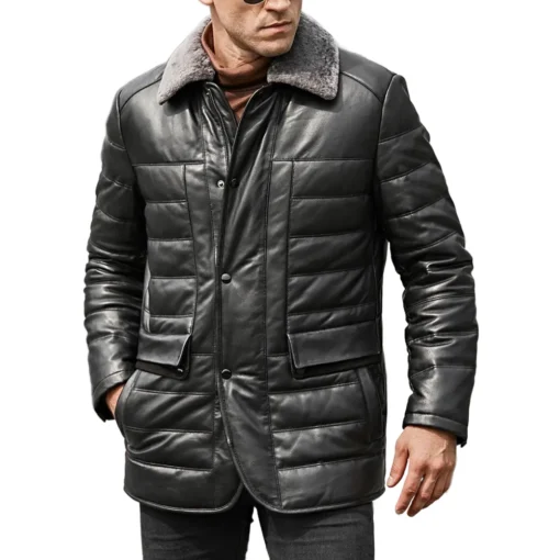 Boston Mens Black Real Leather Puffer Coat with Fur Collar