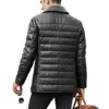 Boston Mens Black Real Leather Puffer Coat with Fur Collar