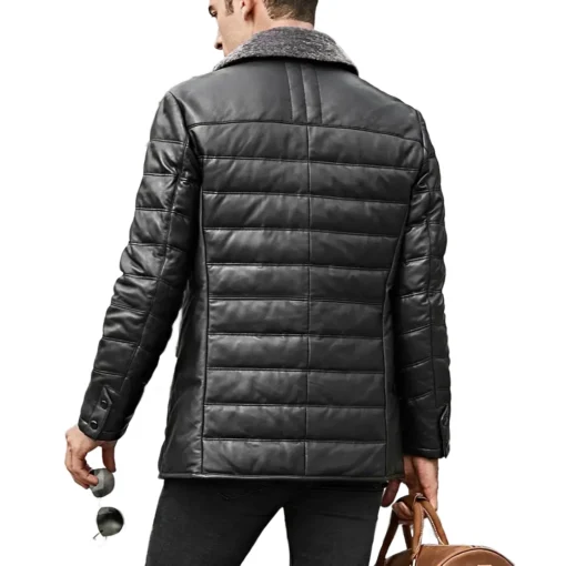 Boston Mens Black Real Leather Puffer Coat with Fur Collar