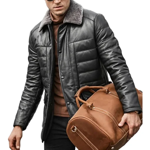 Boston Mens Black Real Leather Puffer Coat with Fur Collar
