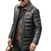 Boston Mens Black Real Leather Puffer Coat with Fur Collar