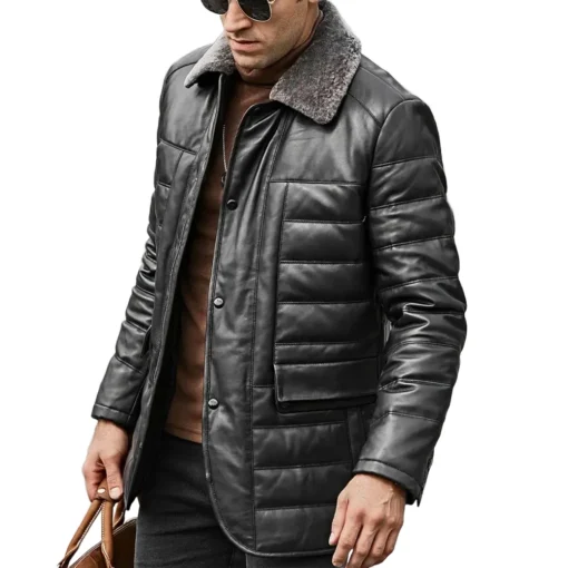 Boston Mens Black Real Leather Puffer Coat with Fur Collar
