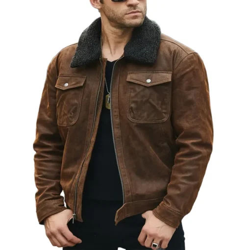 Chris Men’s Real Brown Leather Jacket Removable Fur Collar