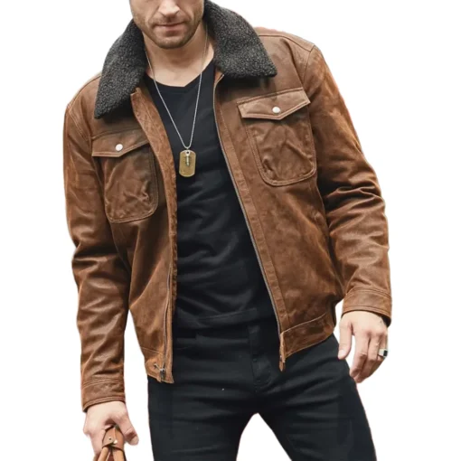Chris Men’s Real Brown Leather Jacket Removable Fur Collar