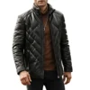 Houston Men’s Puffer Real Leather Jacket Stand Fur Collar front view