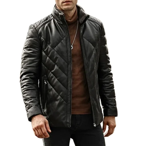Houston Men’s Puffer Real Leather Jacket Stand Fur Collar front view