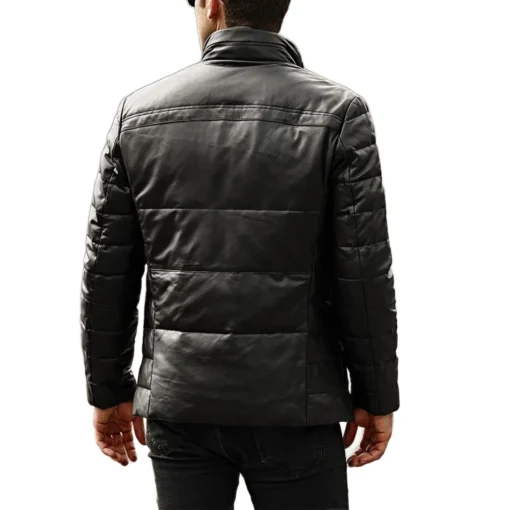Houston Men’s Puffer Real Leather Jacket Stand Fur Collar back view