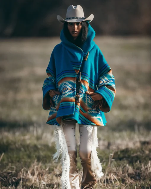 Beth Dutton Yellowstone coat with Southwestern Aztec pattern and hood