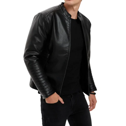 Men's Black Faux Racer Leather Jacket - Image 3