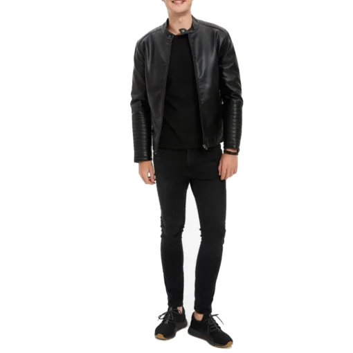 Men's Black Faux Racer Leather Jacket - Image 5