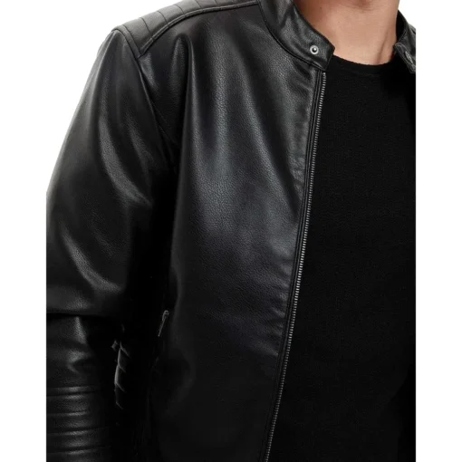 Men's Black Faux Racer Leather Jacket - Image 4