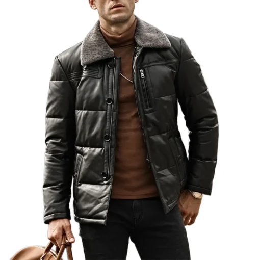 Memphis Men’s Black Real Leather Puffer Coat with removable Fur Collar front view