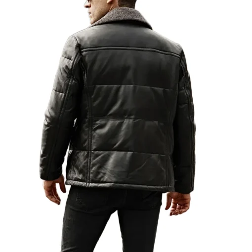 Memphis Men’s Black Real Leather Puffer Coat with removable Fur Collar back view