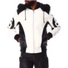 Mens 8 Ball Leather Hooded Bomber Jacket WhiteBlack 1 image