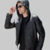 Outer Shell: 100% Real Leather Leather Type: Cowhide Lining Material: Polyester Hooded: Yes Closure Style: Zipper Collar Style: Hoody Collar Inside Pockets: Two Outside Pockets: Two Color: Black 100% polyester lining 100% genuine leather