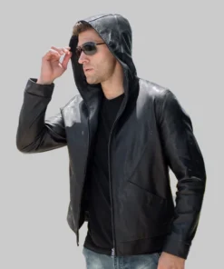Outer Shell: 100% Real Leather Leather Type: Cowhide Lining Material: Polyester Hooded: Yes Closure Style: Zipper Collar Style: Hoody Collar Inside Pockets: Two Outside Pockets: Two Color: Black 100% polyester lining 100% genuine leather