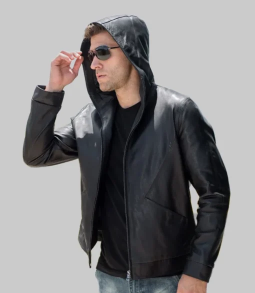 Outer Shell: 100% Real Leather Leather Type: Cowhide Lining Material: Polyester Hooded: Yes Closure Style: Zipper Collar Style: Hoody Collar Inside Pockets: Two Outside Pockets: Two Color: Black 100% polyester lining 100% genuine leather