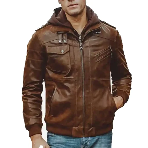 Men’s Brown Motorcycle Shearling Bomber Leather Jacket with Removable Hood