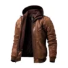Men’s Brown Motorcycle Shearling Bomber Leather Jacket with Removable Hood
