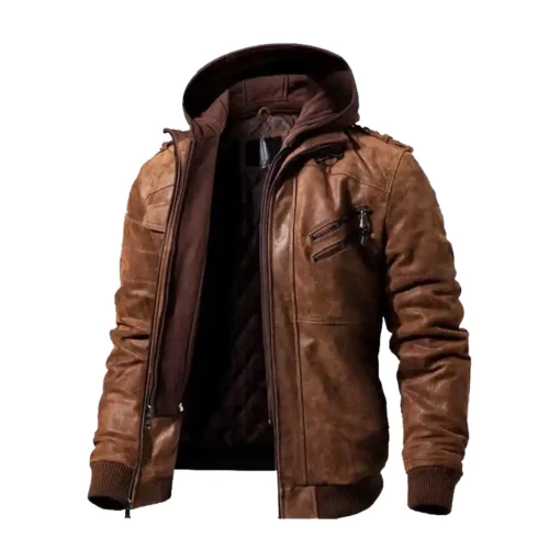 Men’s Brown Motorcycle Shearling Bomber Leather Jacket with Removable Hood