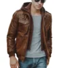 Men’s Brown Motorcycle Shearling Bomber Leather Jacket with Removable Hood