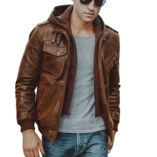 Men’s Brown Motorcycle Shearling Bomber Leather Jacket with Removable Hood