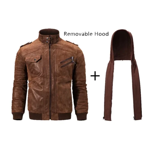 Men’s Brown Motorcycle Shearling Bomber Leather Jacket with Removable Hood