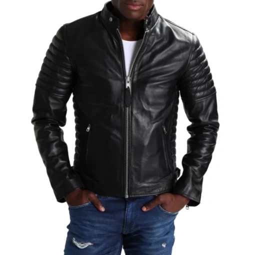 Mens Charcoal Black Leather Cafe Racer Jacket front view
