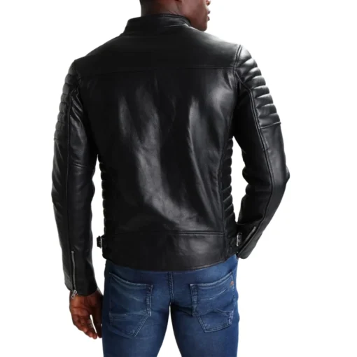 Mens Charcoal Black Leather Cafe Racer Jacket back view