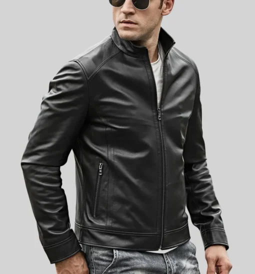 Men's Classic Black Real Moto Cafe Racer Leather Jacket front view