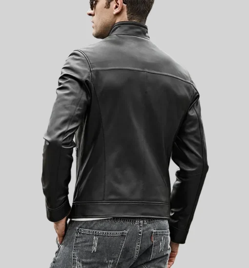 Men's Classic Black Real Moto Cafe Racer Leather Jacket back view