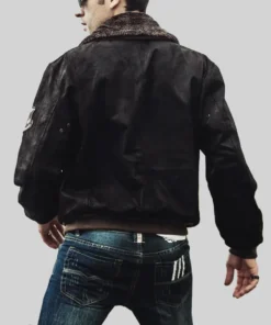 Mens Dark Brown Aviator Bomber Leather Jacket with Fur collar back view