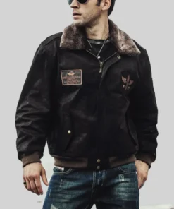 Mens Dark Brown Aviator Bomber Leather Jacket with Fur collar front view