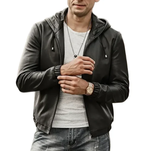 Men’s Hooded Real Sheepskin Leather Jacket front view