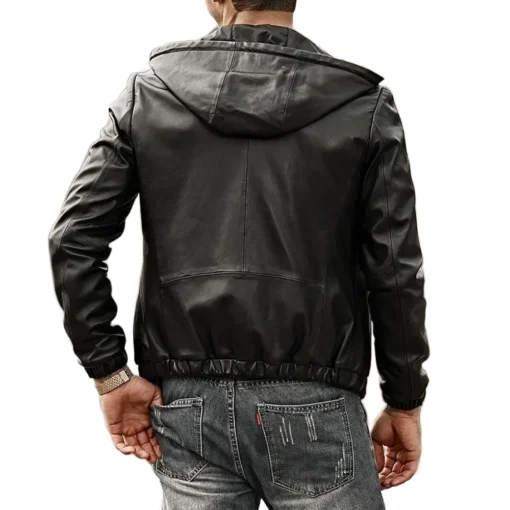 Men’s Hooded Real Sheepskin Leather Jacket back view