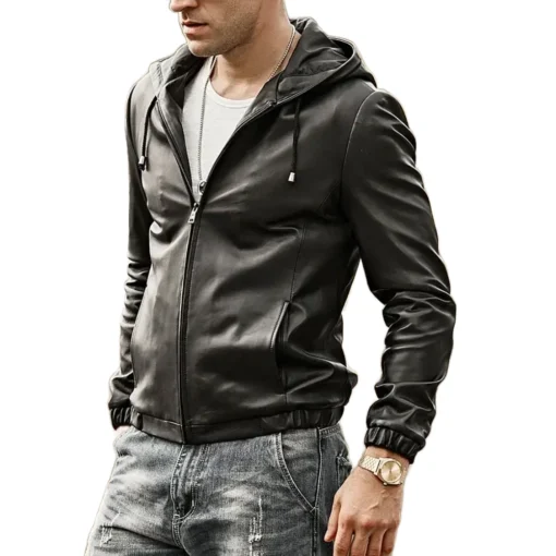 Men’s Hooded Real Sheepskin Leather Jacket side view