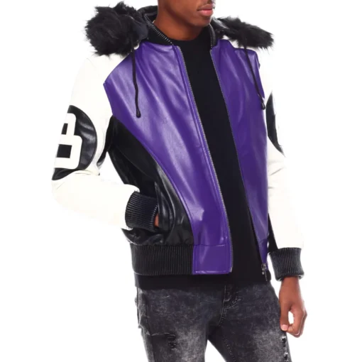 Men's 8 Ball Purple Hooded Bomber Jacket - Image 3