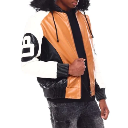 Men's 8 Ball Tan Fur Hood Leather Jacket
