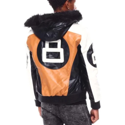 Men's 8 Ball Tan Fur Hood Leather Jacket - Image 2