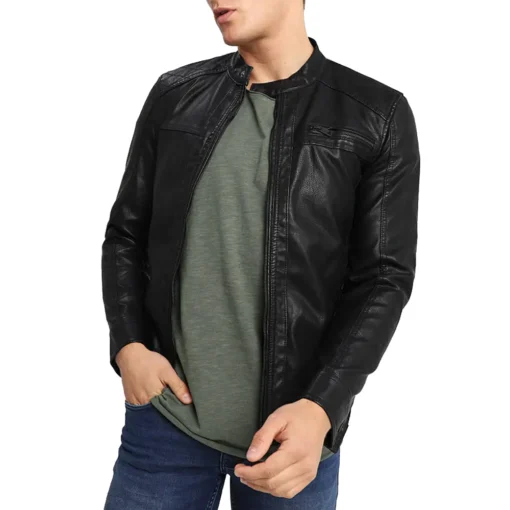 Onsal Classic Black Cafe Racer Leather Jacket