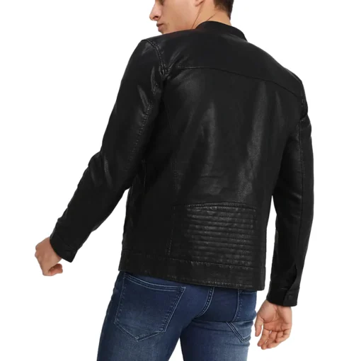 Onsal Classic Black Cafe Racer Leather Jacket back image
