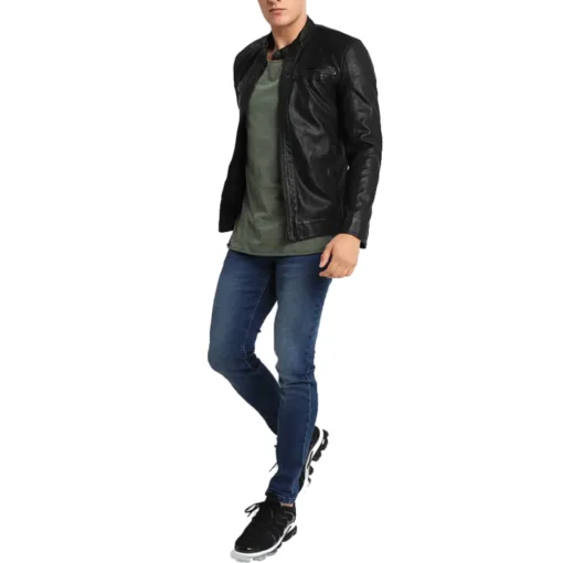 Onsal Black Cafe Racer Leather Jacket - Image 5