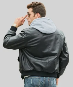 Patrick Air Mens Aviator Black Hooded Real Leather Bomber Jacket back view