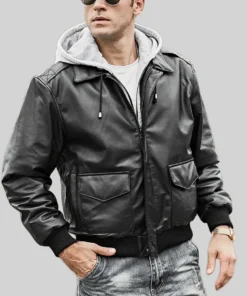 Patrick Air Mens Aviator Black Hooded Real Leather Bomber Jacket Front View