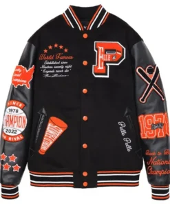 a black and orange jacket with patchesPelle Pelle World Famous Black &Orange Wool & Leather Varsity Jacket