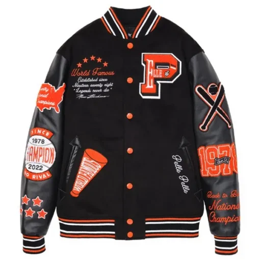 a black and orange jacket with patchesPelle Pelle World Famous Black &Orange Wool & Leather Varsity Jacket